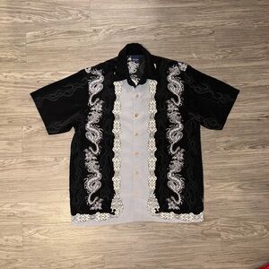 Vintage Sideout Japanese Dragon Tribal Print Button Up Shirt Mens L Blk 2000 Y2K